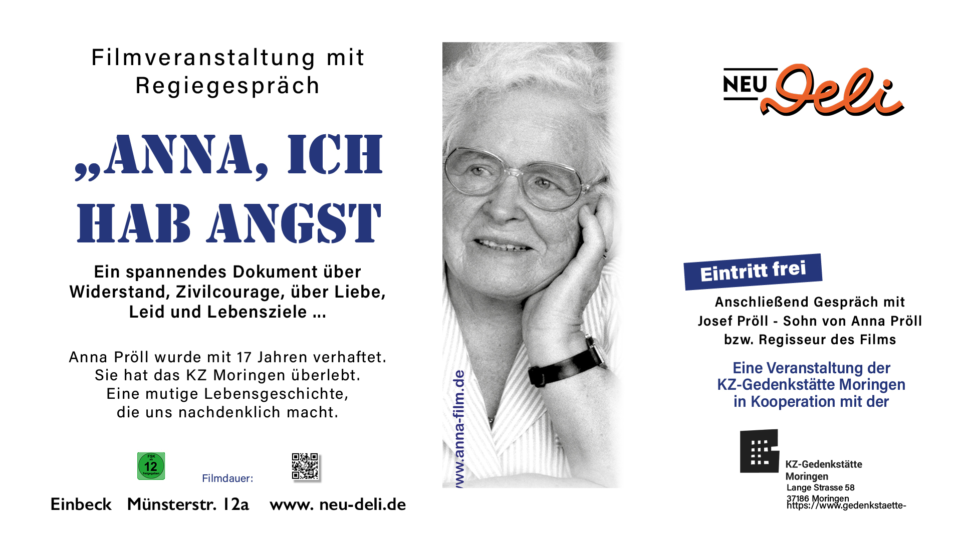 Flyer zur Filmveranstaltung Anna, ich hab Angst mit Schwarz-Weiß-Porträt einer älteren Frau.