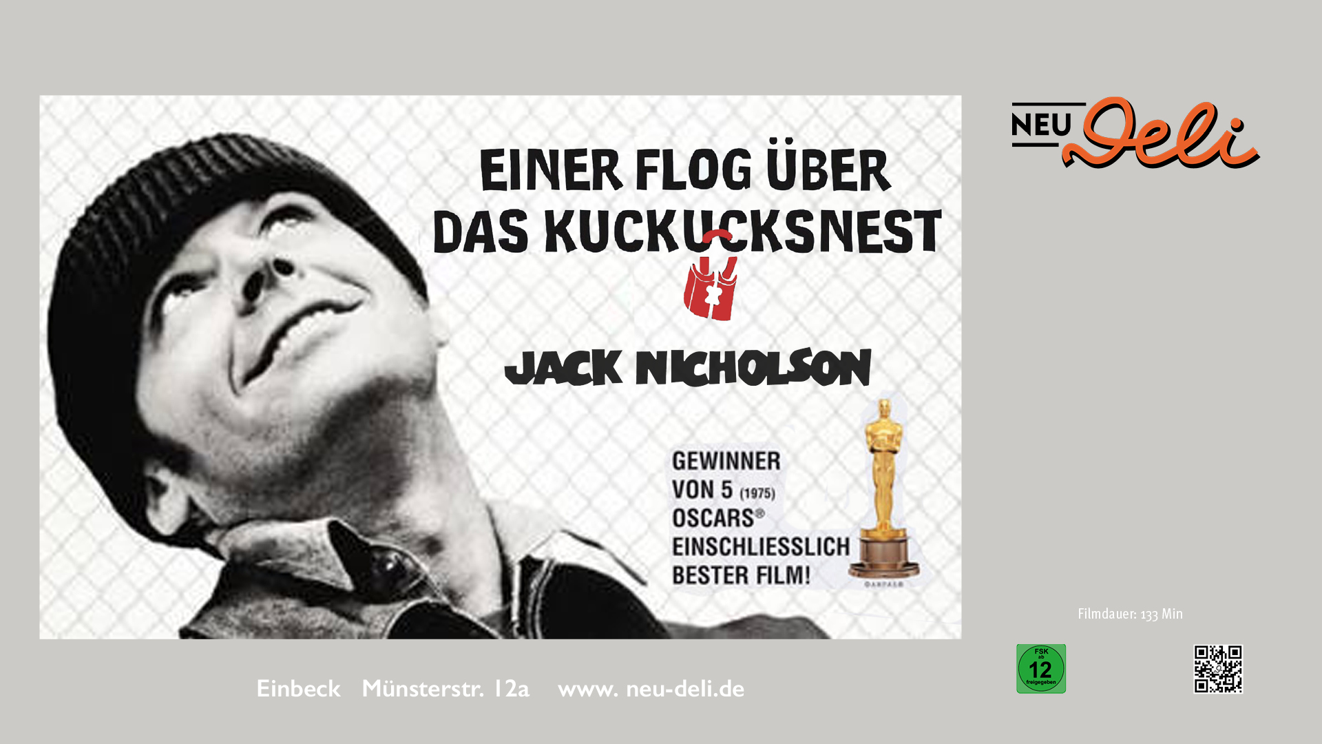 Filmplakat für Einer flog über das Kuckucksnest mit einem Porträt von Jack Nicholson.
