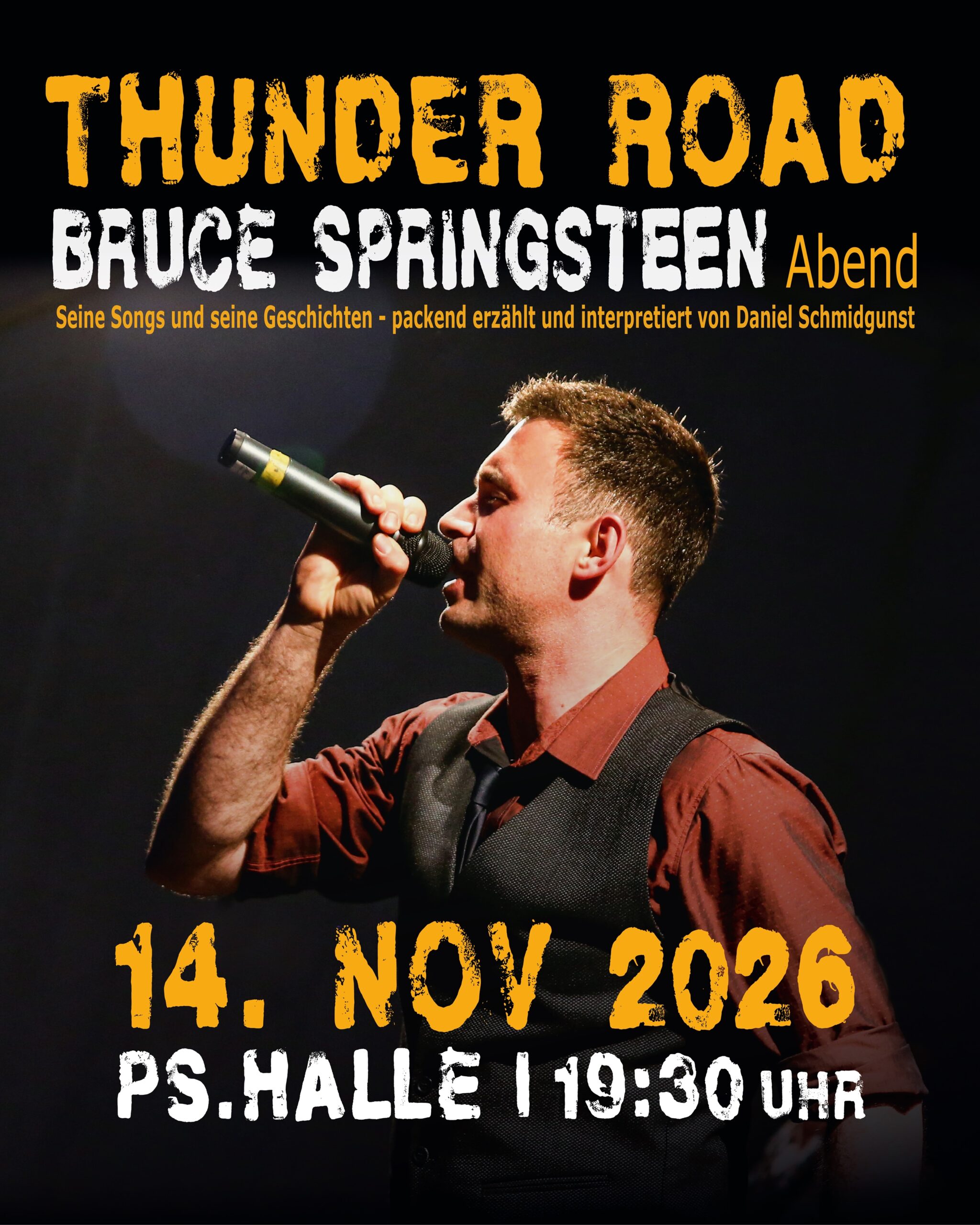 Sänger im Profil mit Mikrofon auf dem Veranstaltungsplakat für den Springsteen-Abend.