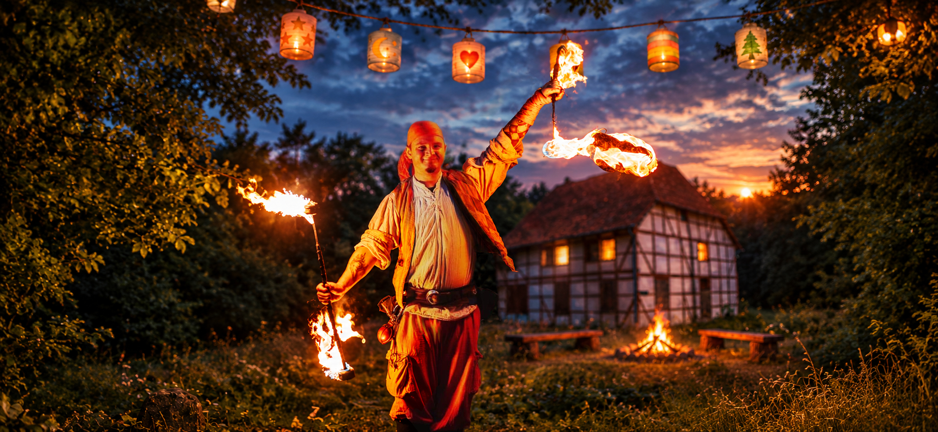 Feuerkünstler mit brennenden Fackeln vor einem Fachwerkhaus mit Lagerfeuer bei Dämmerung.
