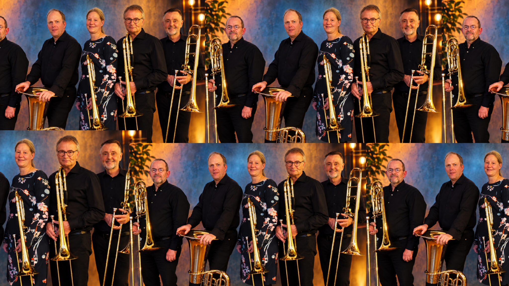 Musikerinnen und Musiker des Blechbläserensembles mit ihren Instrumenten.